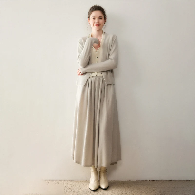Spring And Autumn Fashion Women'S Two-Piece Set 100% Cashmere Faux Two-Piece Cardigan Elastic Waist Long Flared Skirt Set