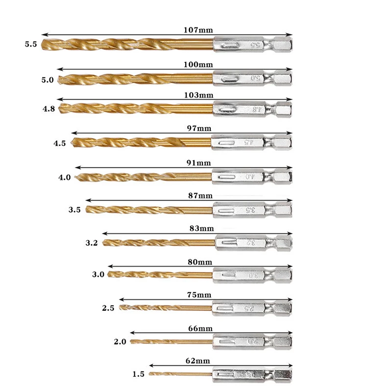 13Pcs HSS High Speed Steel Titanium Coated Drill Bit Set 1/4 Hex Shank 1.5mm-6.5mm Hexagonal Handle Twist Drill