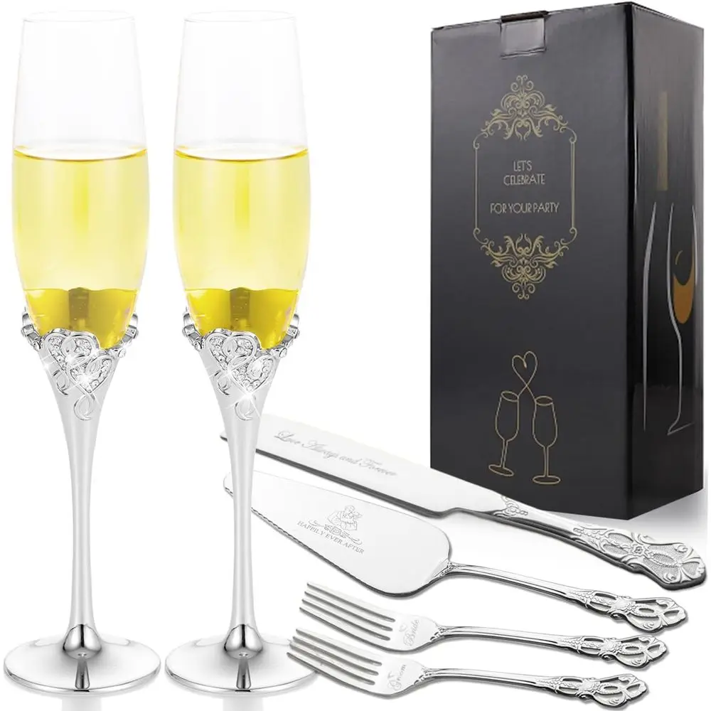 

Wedding Cake Knife and Server Set, Heart Shaped Mr and Mrs Champagne Flutes, Cake Cutting Set or Bridal Shower Gifts (Silver)