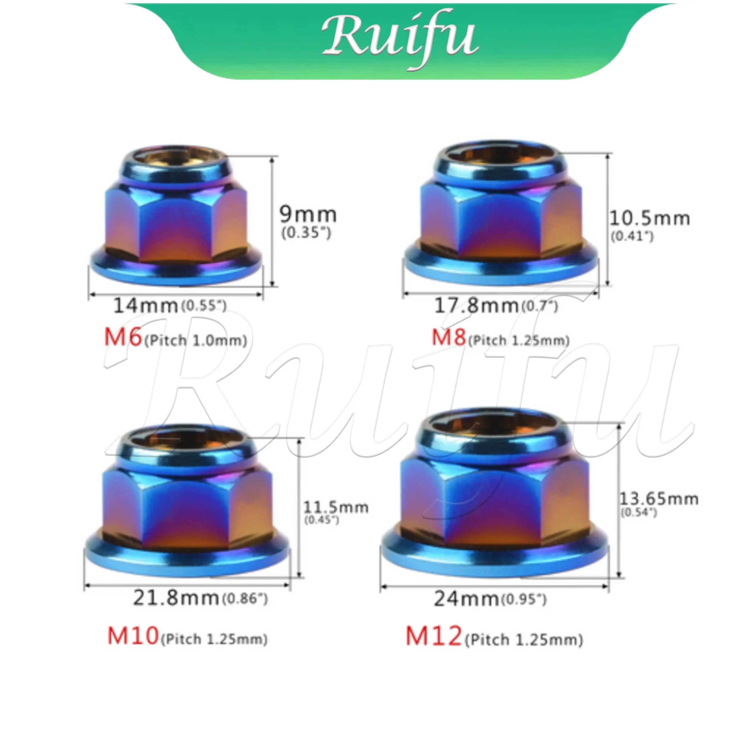 8pcs Ruifu Titanium Nut M6 M8 M10 M12 Pitch1.25 Flange Lock Nuts for Cycling Modification