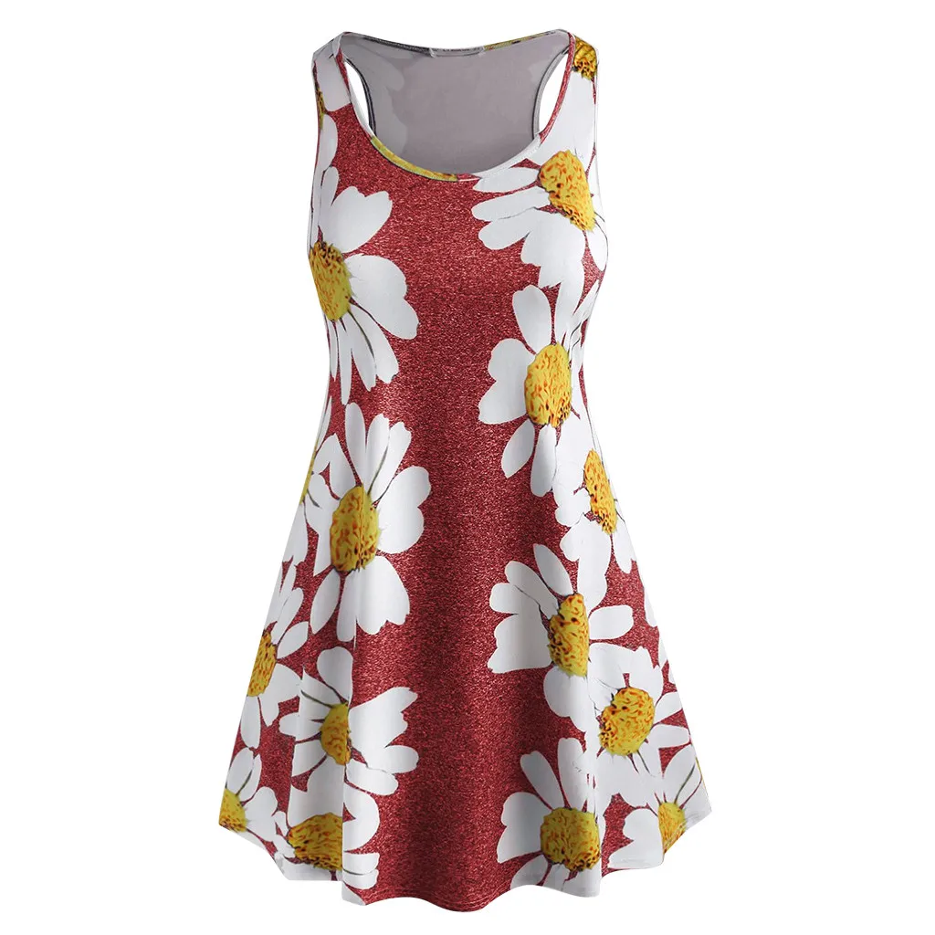 Women's Ladies Floral Print Sleeveless O-Collar Mini Dress Womens Dress Summer