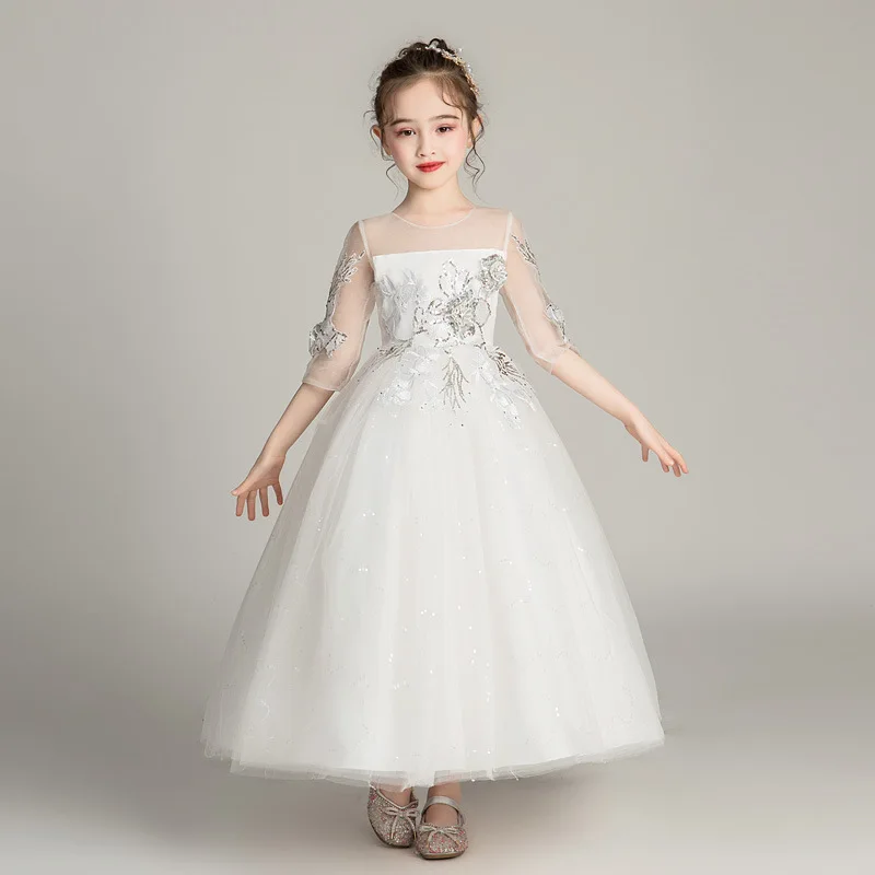 Fashion Sequin Embroidery Flower Girl Dresses Elegant Birthday Piano Perform Wedding Dress Half Sleeve Lace Girls Party Dresses