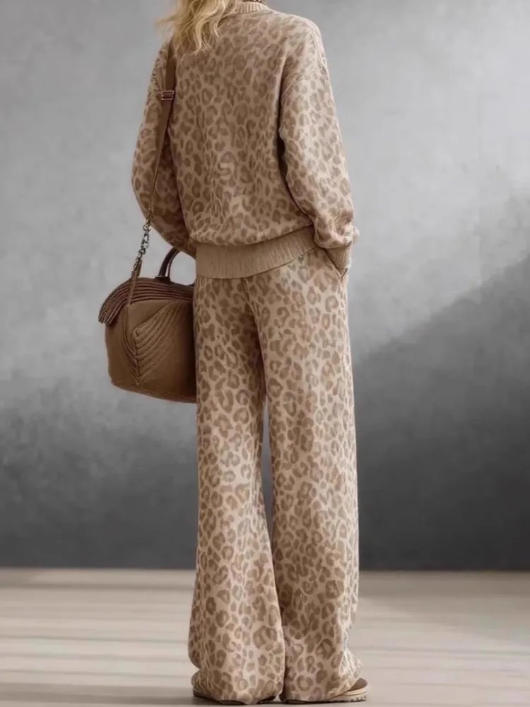 2026 가을 겨울 패셔너블한 연갈색 레오파드 프린트 수트 긴팔 스웨트셔츠와 바지 캐주얼 출퇴근 여성 세트