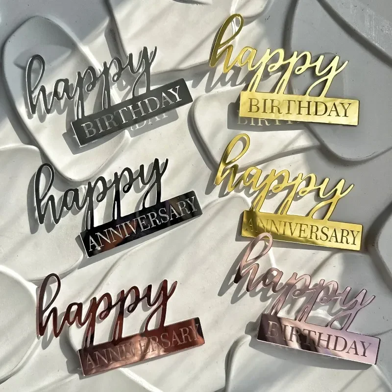 Acrylic Side Happy Birthday Cake Decoration Happy Anniversary Cake Topper Party Supplies Baking Decorating Accessories