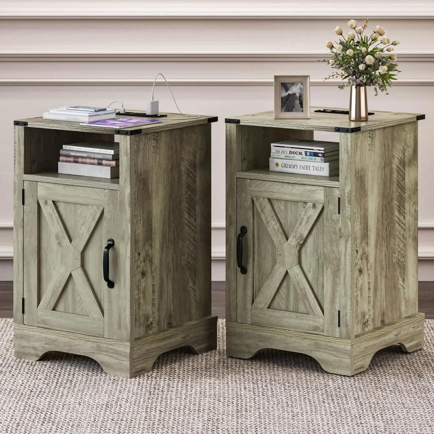 

Nightstand Set of 2 w/ Charging Station, Tall Farmhouse Bedside Table w/ Large Storage and Shelf, Wooden End Table (Light Grey)