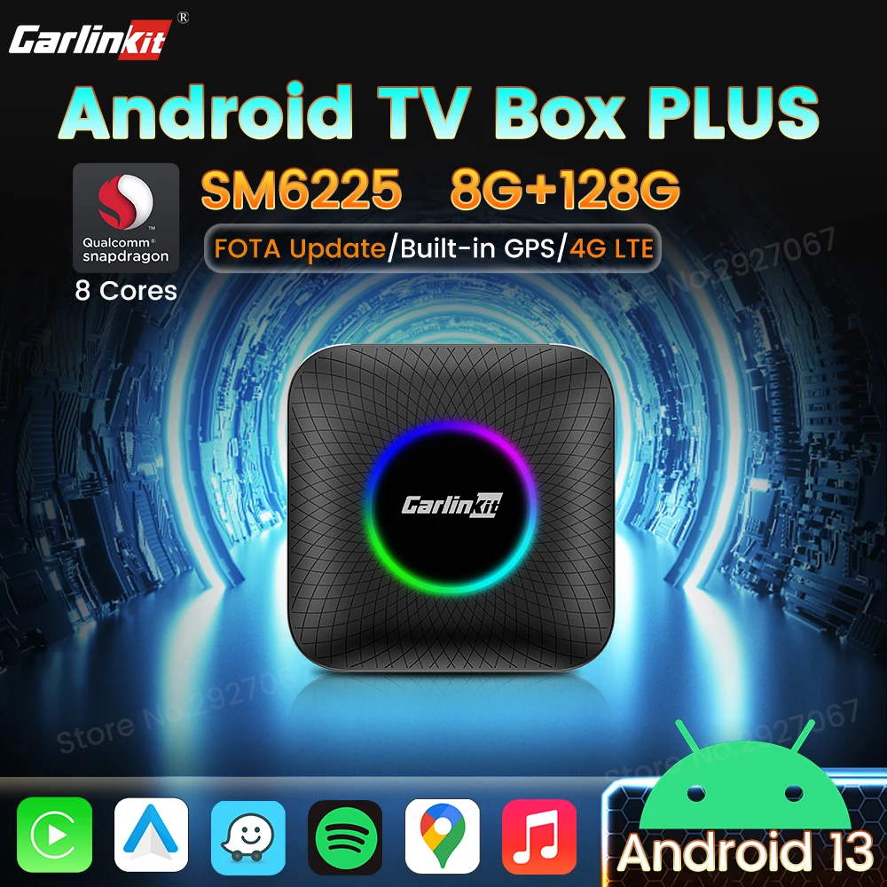 CarlinKit 무선 안드로이드 자동 카플레이 스마트 TV 박스, 안드로이드 13, LED SM6225, 지지대 온라인 비디오, FOTA 업데이트 