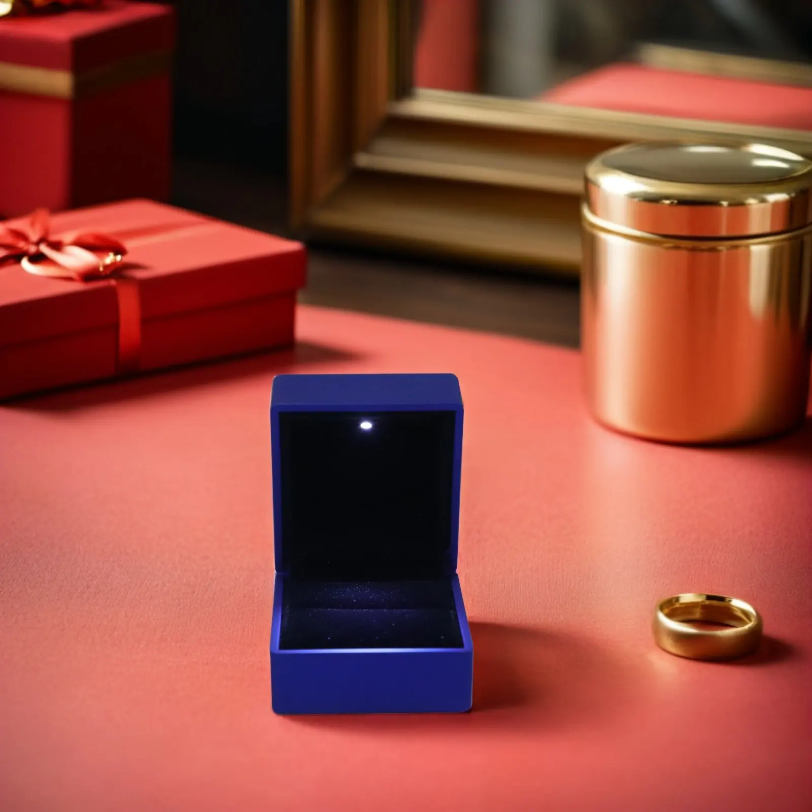 

LED Ring Box Dark Blue Luxury Spray Paint Jewelry Display Holder Illuminated Rings Storage Travel Showcase Organizer