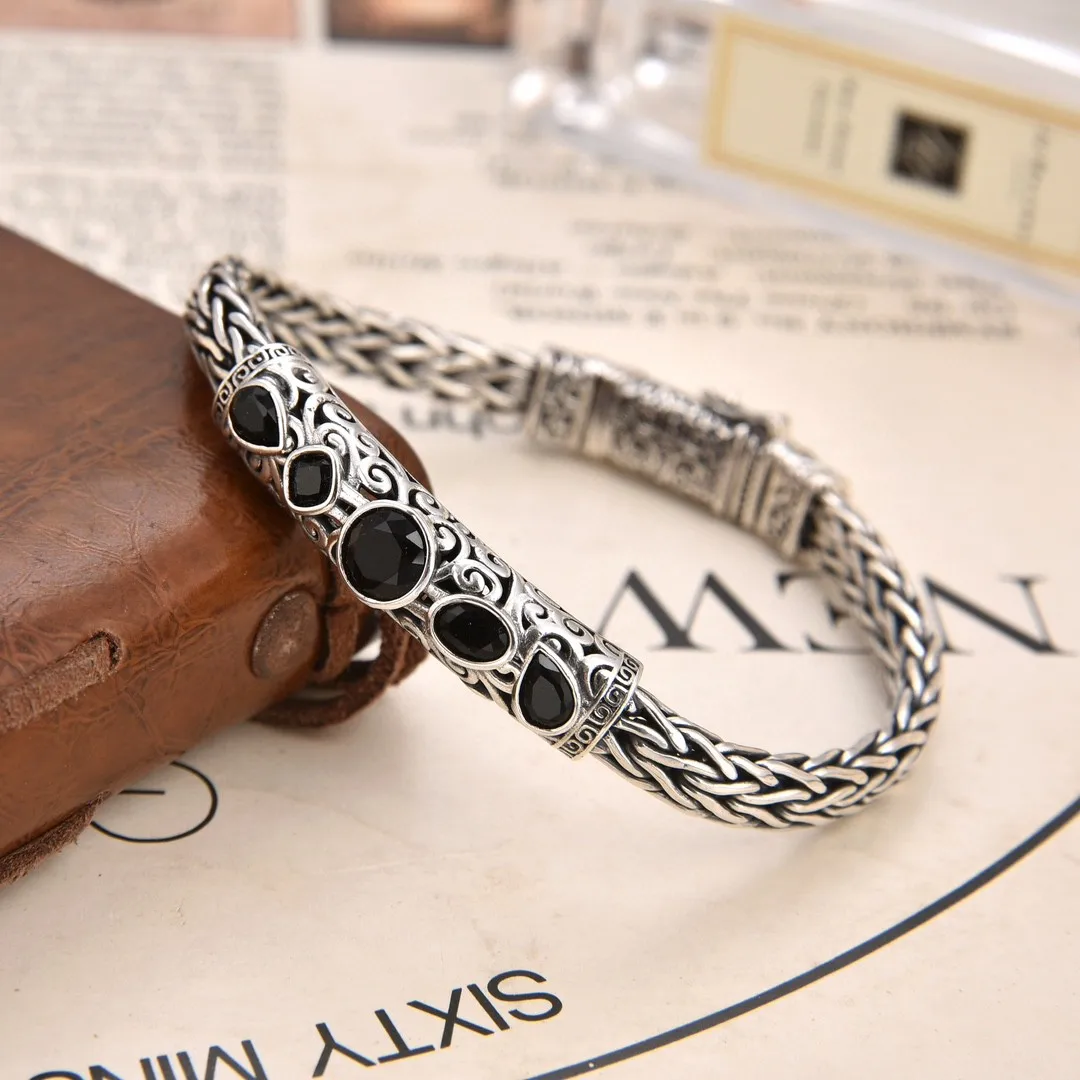 

silver chinese fad style black diamond men's hand-woven bracelet wide heavy industry fashion punk jewelry silver jewelry