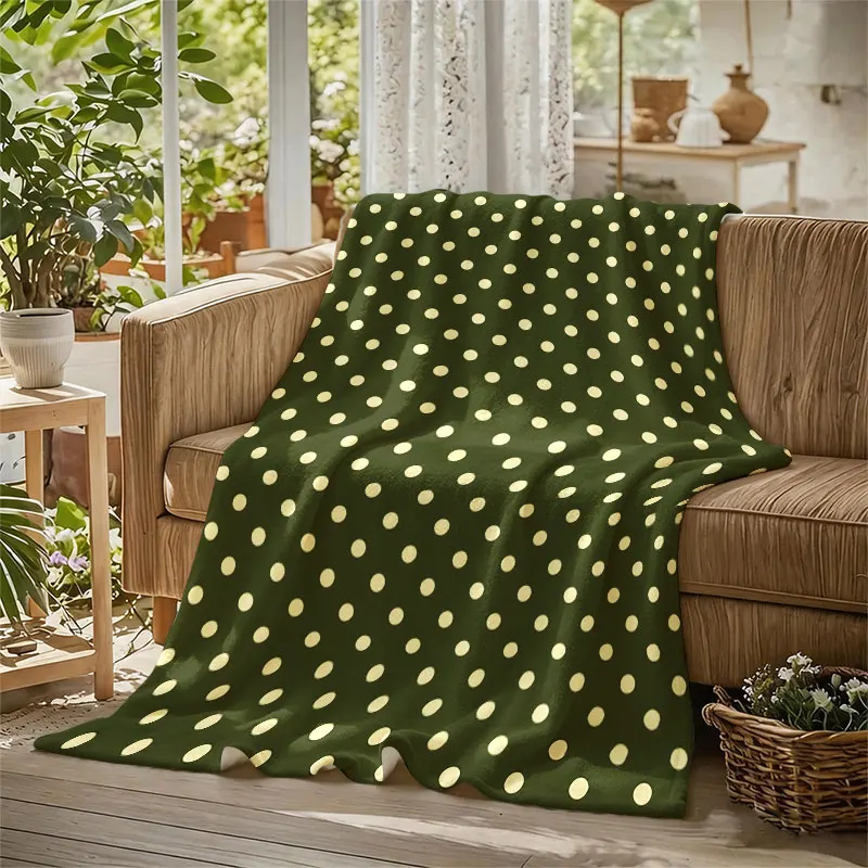 Cream Polka Dots Olive Flannel Blanket Perfect for Sofa Office Bed Travel Sleep Read Relax Camping Four Season Use