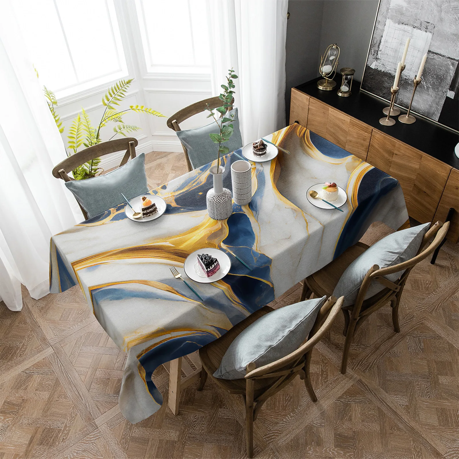 

Marble Texture Blue Waterproof Tablecloth Party Decorations Supplies Rectangle Table Cloth for Kitchen Table Decor
