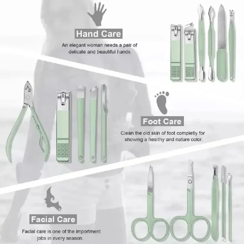 16Pcs Stainless Steel Nail Clippers Cuticle Nippers Set Portable Travel Case Household Manicure Pedicure Grooming Supply