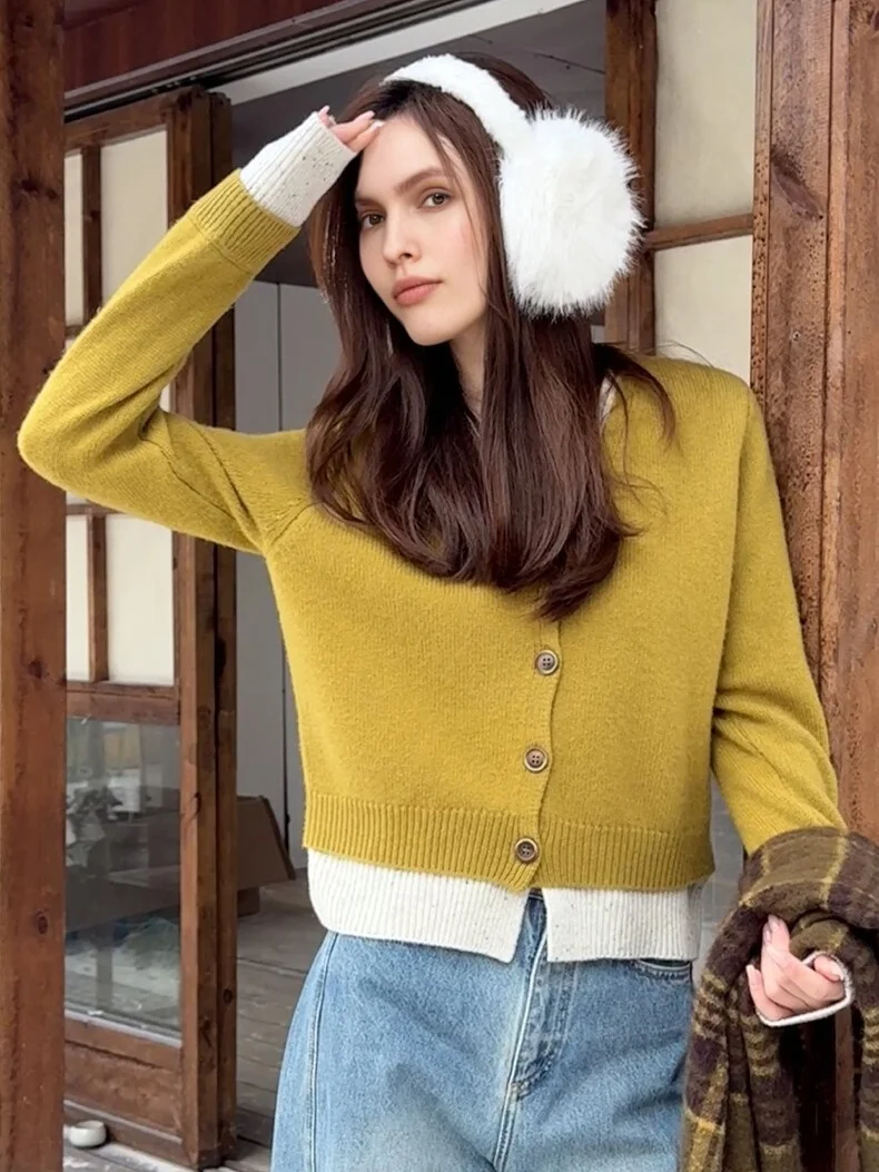 SuyaDream, Women Cardigans, 100%Sheep Wool, V Neck, Contrast Color, Chic Sweaters, 2025 Fall Winter Warm Jackets, Ginger, Grey