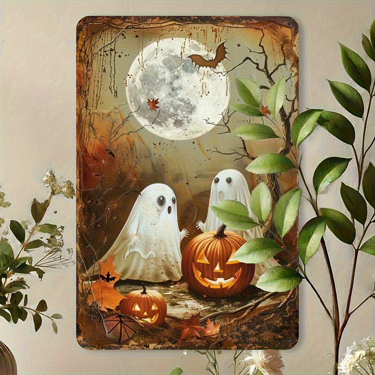2D Flat, Vintage Halloween Metal Tin Sign- Spooky Ghosts, Pumpkins& Bats Wall Art- Durable Bend-Resistant Rustic Decor for Garde