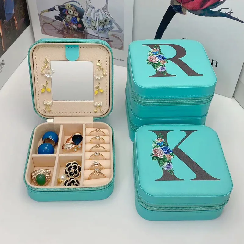 New Creative Letter Jewelry Box with Mirror Portable Travel Ring Necklace Earrings Stud Earrings Earring Blue Square Storage Box