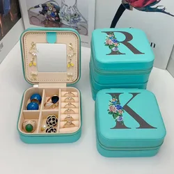 Nueva caja de joyería con letras creativa con espejo, anillo de viaje portátil, collar, pendientes, pendientes, caja de almacenamiento cuadrada azul