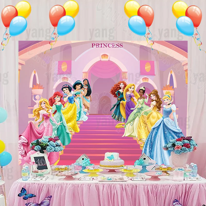 Romantic Glitter Disney Colorful Castle Background Custom Cartoon Cinderella Backdrop Girls Princess Baby Happy Birthday Party