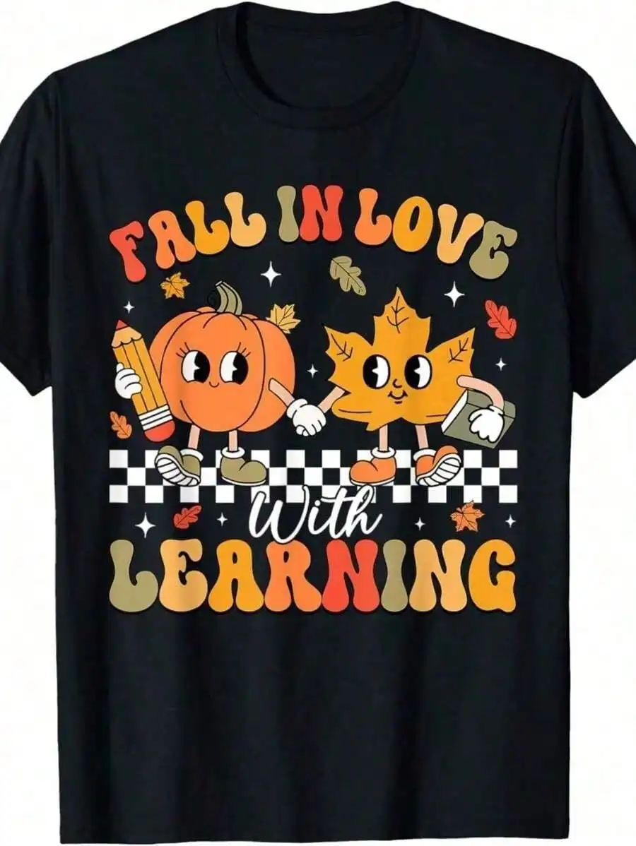 Plus Size Autumn Retro Teacher T-Shirt Fall In Love With Learning Pumpkin Women Size L-3Xl 4Xl 5Xl Classroom Casual Wear Gift