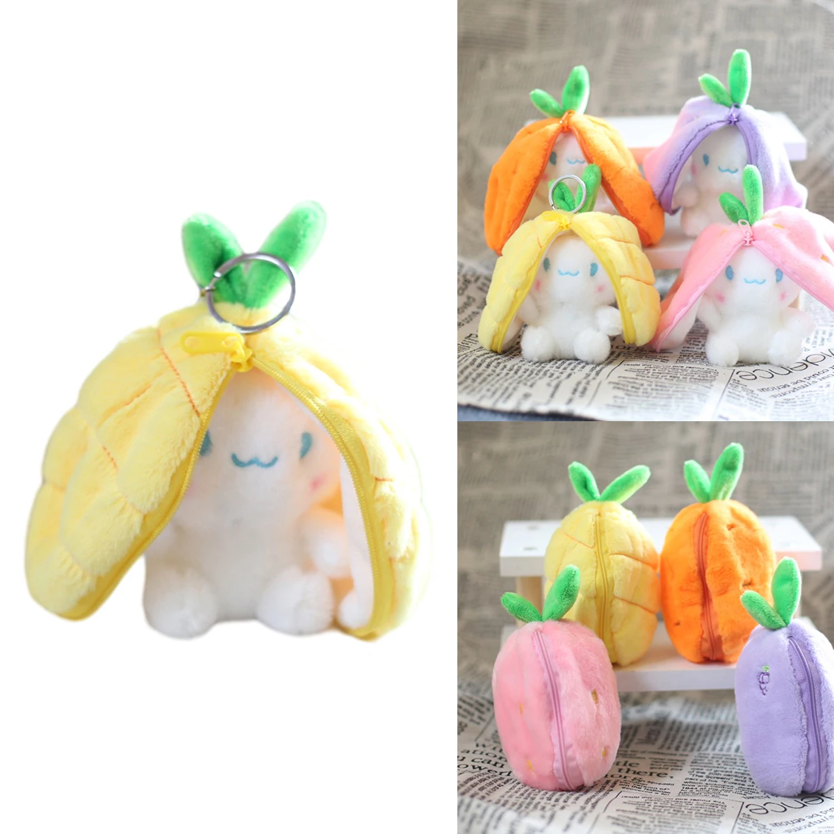 Creative Funny Doll Carrot Rabbit Plush Toy Stuffed Soft Bunny Hiding In Strawberry Bag Toys For Kids Girls Birthday Gift