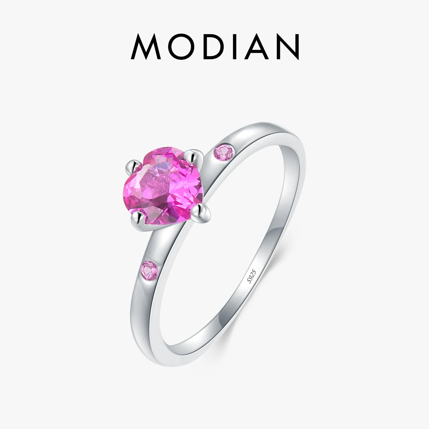 MODIAN Genuine 925 Sterling Silver Romantic Ring Heart RED CZ Finger Rings for Women Wedding Anniversary Jewelry Anel