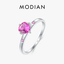 MODIAN Genuine 925 Sterling Silver Romantic Ring Heart RED CZ Finger Rings for Women Wedding Anniversary Jewelry Anel