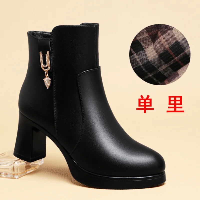 Autumn Winter Women  Platform Shoes Warm Fleece Waterproof Short Leather Boots Luxury Black Super High Heel Ankle Boots