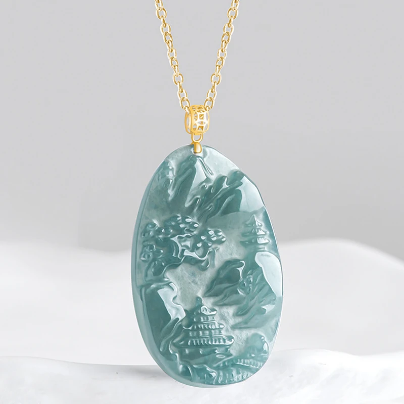 18K Gold Inlaid Natural Jadeite Hand-made Engraving Blue Water Landscape Brand Pendant Fashion Couple Necklace Fine Jewelry Gift