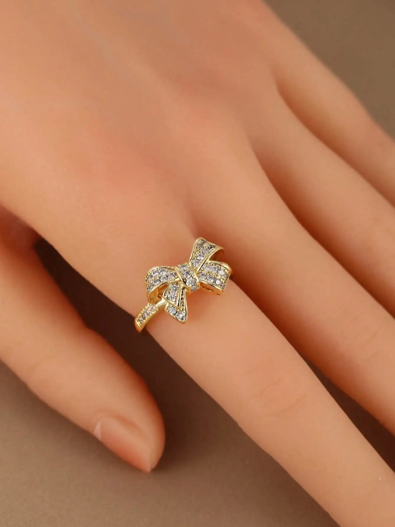 1pc Elegant, Sweet and Fashionable Multi-purpose Golden Ribbon-embroidered Cubic Zirconia Women's Ring, Adjustable Opening Ring