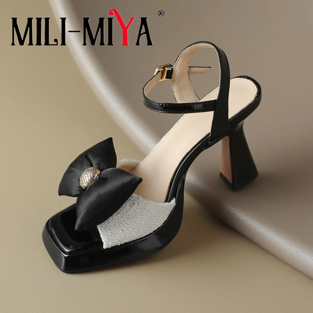 MILI-MIYA New Arrival Women Kitting&Cow Leather Splicing Sandals Butterfly Knot Thick Heels Big Size 34-40 Dress Party Summer