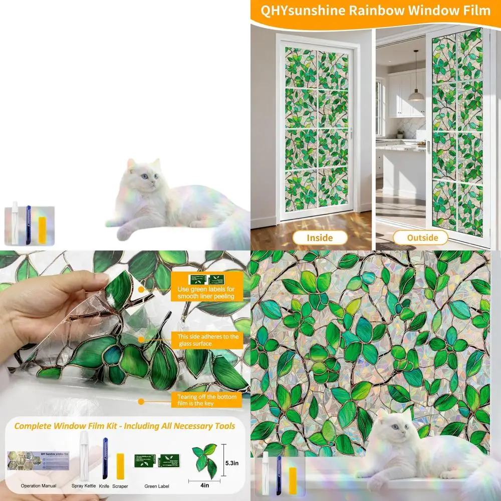 Decorative Rainbow Privacy Film for Home and Office, UV-Blocking, Removable, Green Rainbow, 45.2 x 157.4