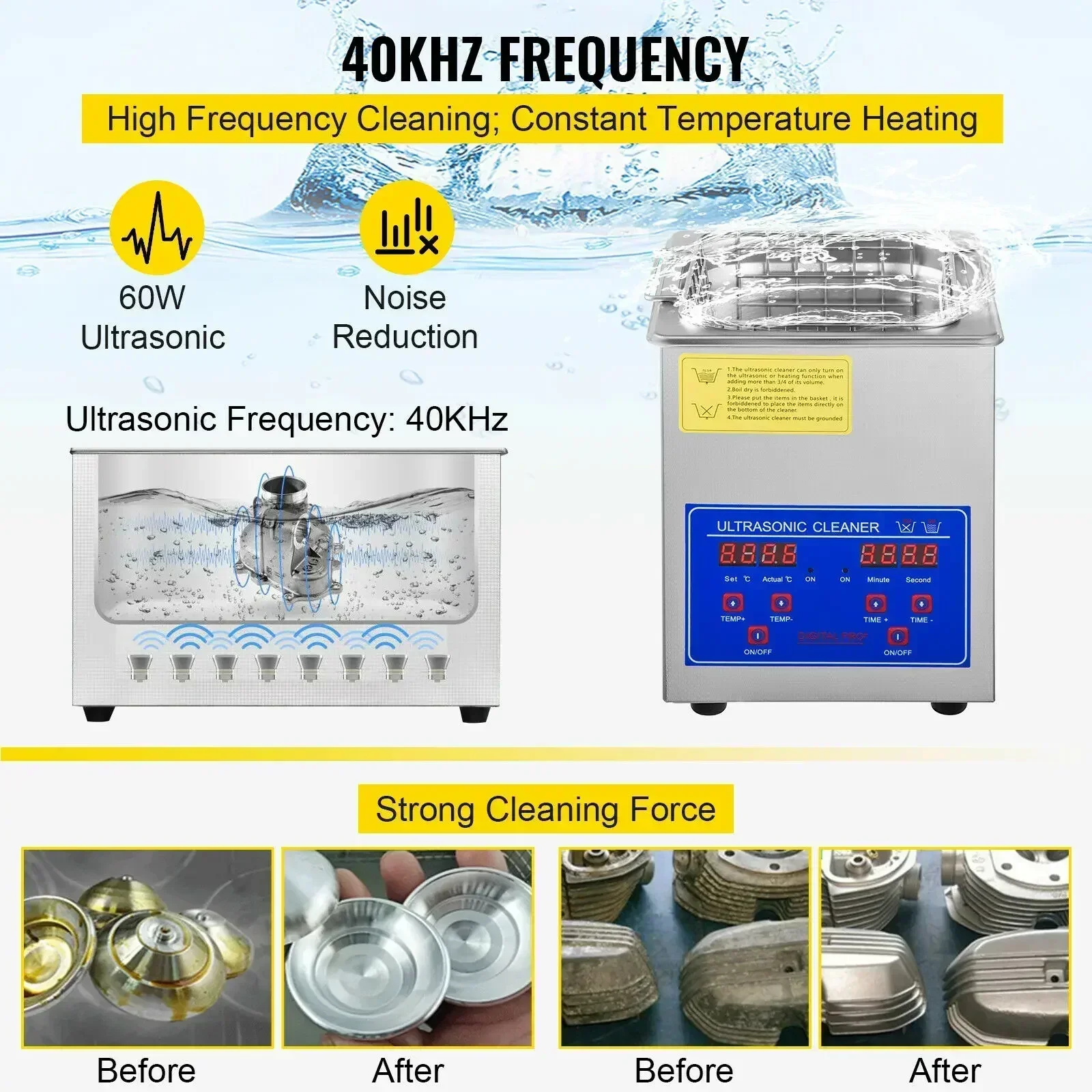 VEVOR 2/3/6/10/15/22/30L 600W Ultrasonic Machine Ultrasonic cleaner with Heating Digital Timer  For Denture Watches Glasses