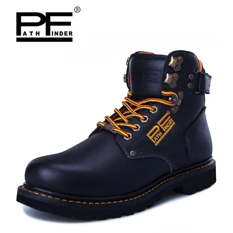 PF Genuine Leather Punk Women's Motorcycle Boots Yellow Casual Tooling Work Boots Male Mid-calf Tactical Military Botas For Men
