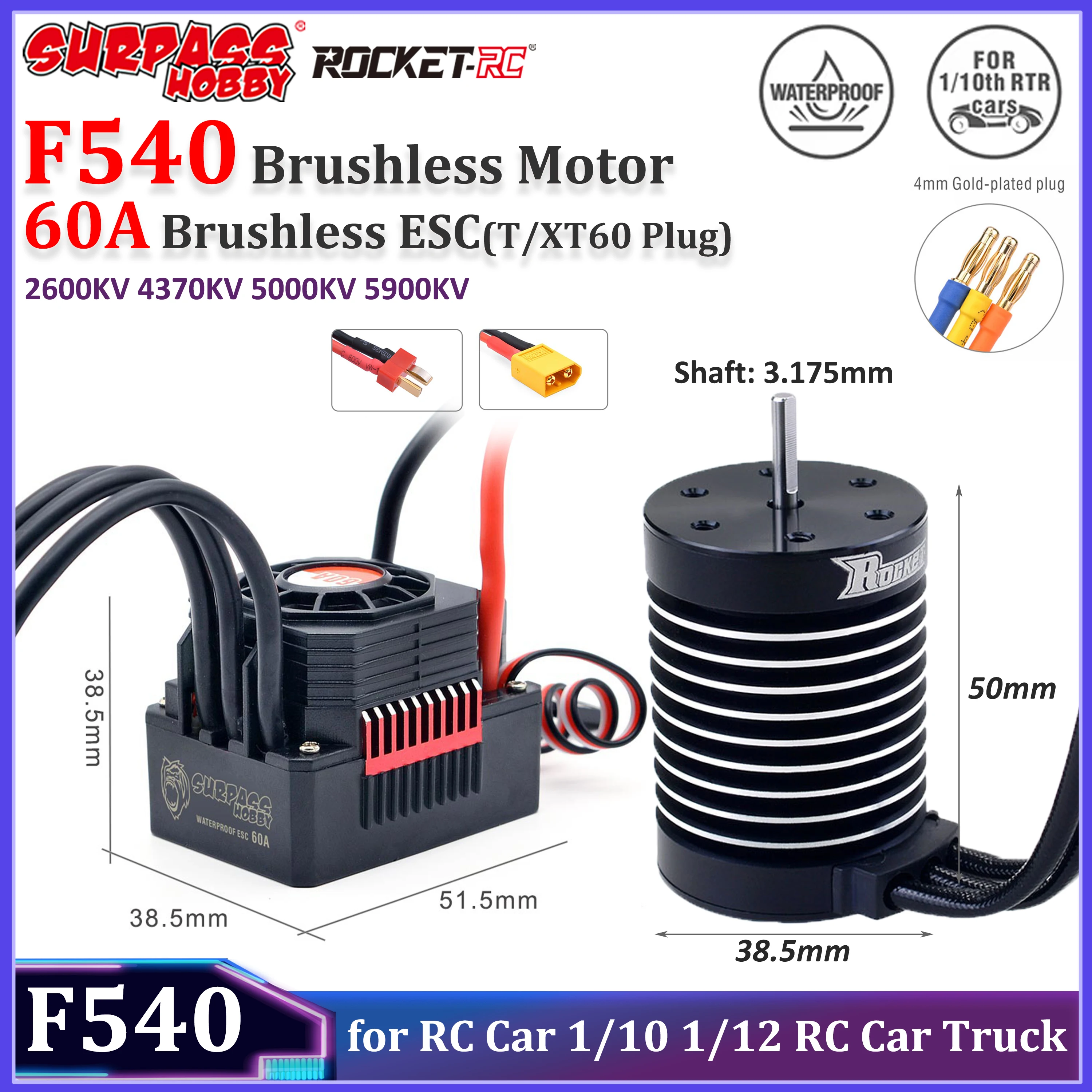 

Rocket F540 Waterproof Brushless Motor 2600KV 4370KV 5000KV 60A ESC T/XT60 Plug for RC Car 1/10 Wltoys Tamiya Axial 1/12 12428