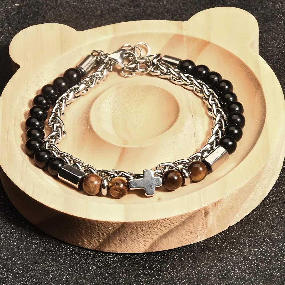 Böhmisches braunes Perlenkreuz-Mehrschicht-Armband, Retro-Silberfarbenes Edelstahl-Armband für Männer, modischer Schmuck für Frauen. – Detail 3