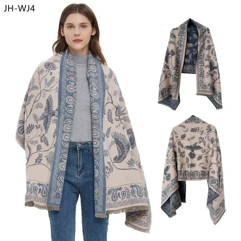 

Retro Korean Ethnic Style Blue Bird Scarf - Women's Warm Thick Cashmere Wrap, Vintage 2-in-1 Shawl for Cold Days