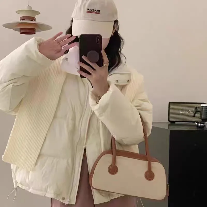 Winter New Knit Shawl Hooded Cotton Jacket Women's Short Parka Winter Warm Coat Thick Solid Puffer Jacket Design Clothing Trendy