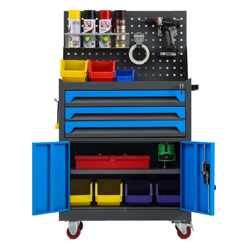Multifunctional Modular Metal Powder Coated Workshop Tool Cabinet 3 Drawer Wheel Lockable Garage Strong Load Capacity