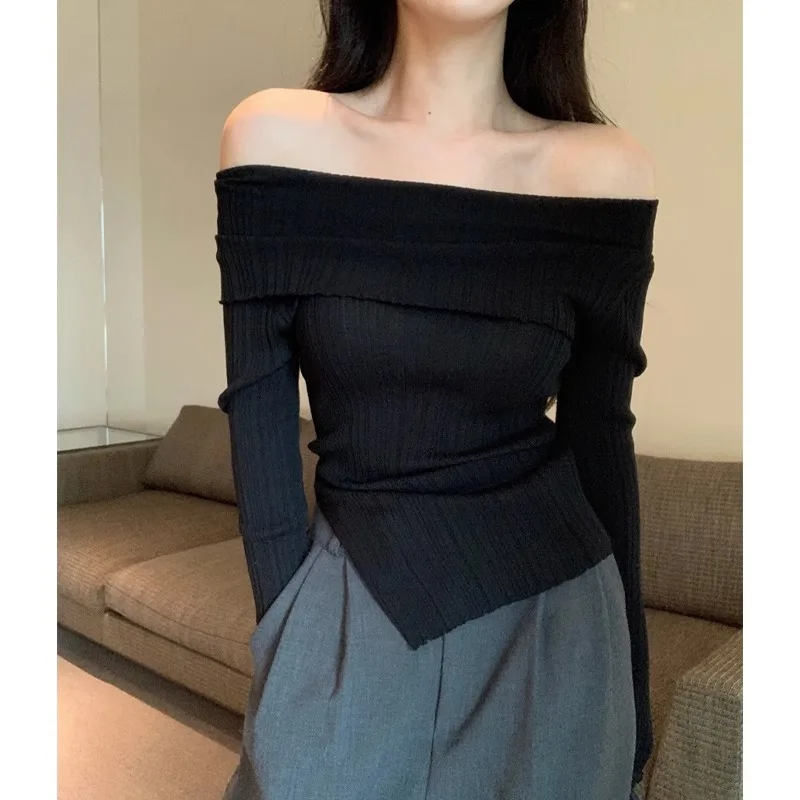 

Elegant Off Shoulder Sweater Women Pure Desire Sexy Lazy Basic Top Sophisticated Knit Blouse Soft Stretchy Layering Pullover