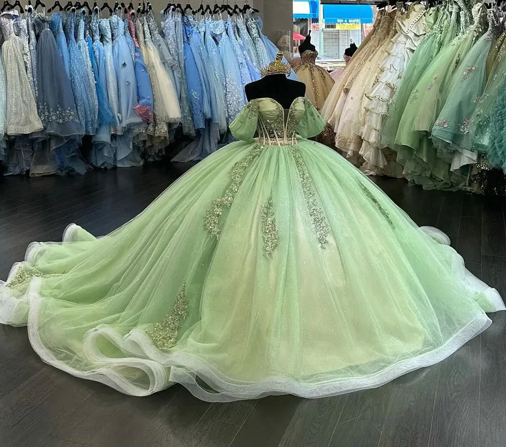 LIYYLHQ Hot Sage Green Quinceanera Dresses Sequin Lace Off Shoulder Princess Long Ball Gown Tulle Sweet 15 16 Dresses Party Gown