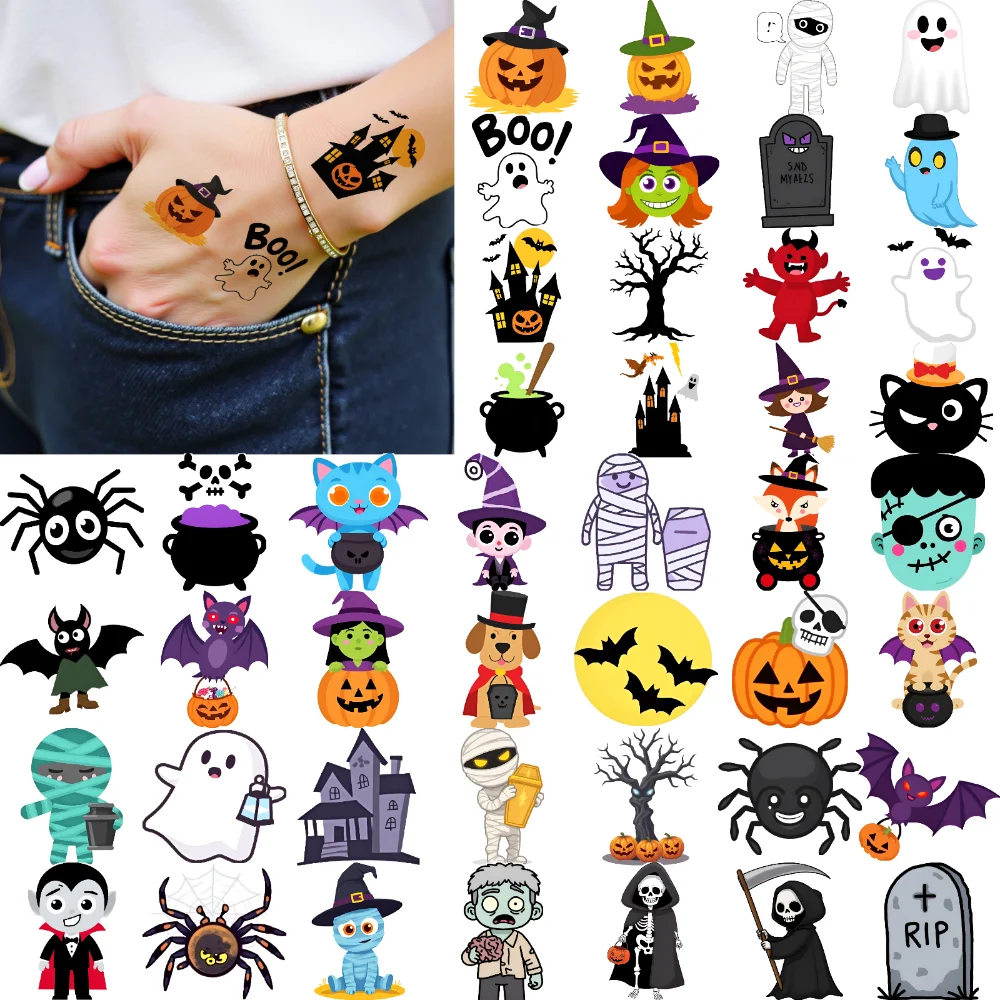 

63pcs Temporary Tattoo Halloween Stickers Waterproof Long-lasting Body Stickers Decorative Stickers Cartoon For Shoulders