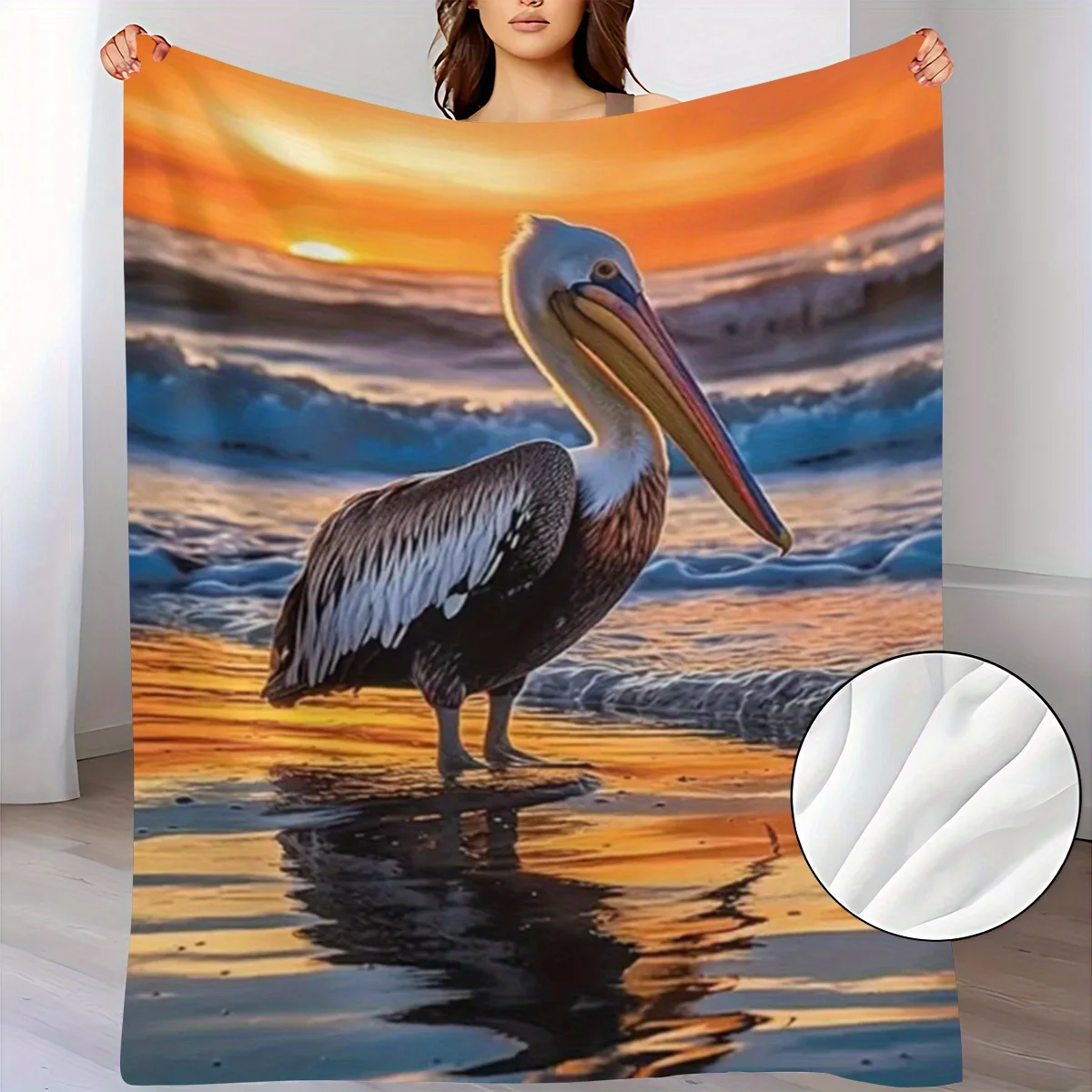 Soft Flannel Blanket Stunning Seascape Art Pelican Bird On Sandy Beach Under Gorgeous Golden Sunset Ocean Surf Reflection