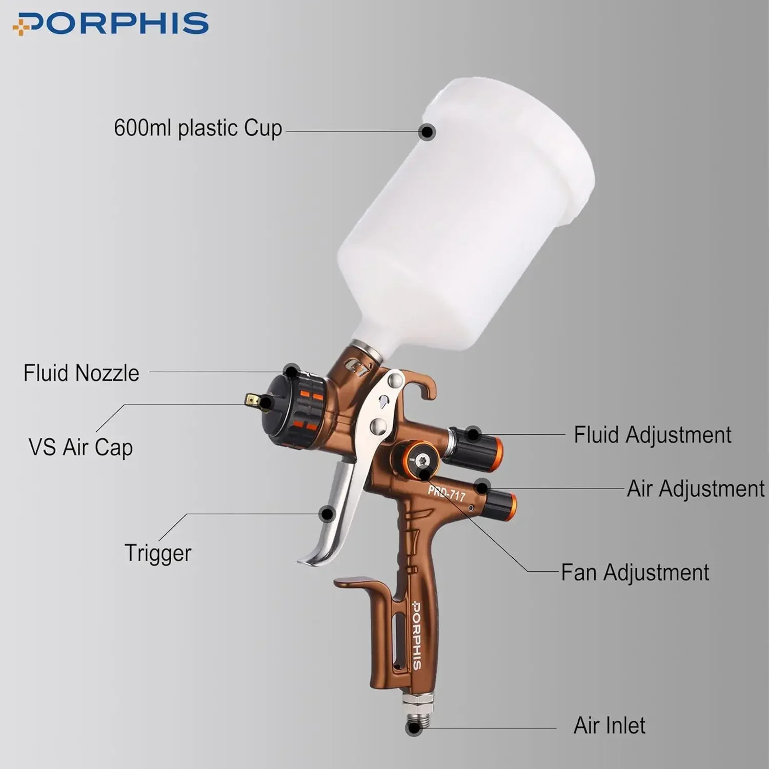 Spray Gun PRD-717 VS Type with Split Nozzle 1.3mm Automotive Refinishing Spray Gun, Brown