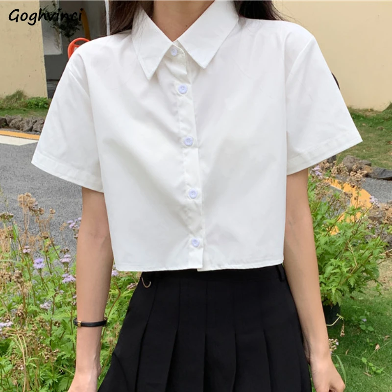 Koreaanse Mode-Shirts Vrouwen Solide Turn-Down Kraag Cropped Zomer All-Match Ins Streetwear Preppy Stijl Studenten Chic Populair