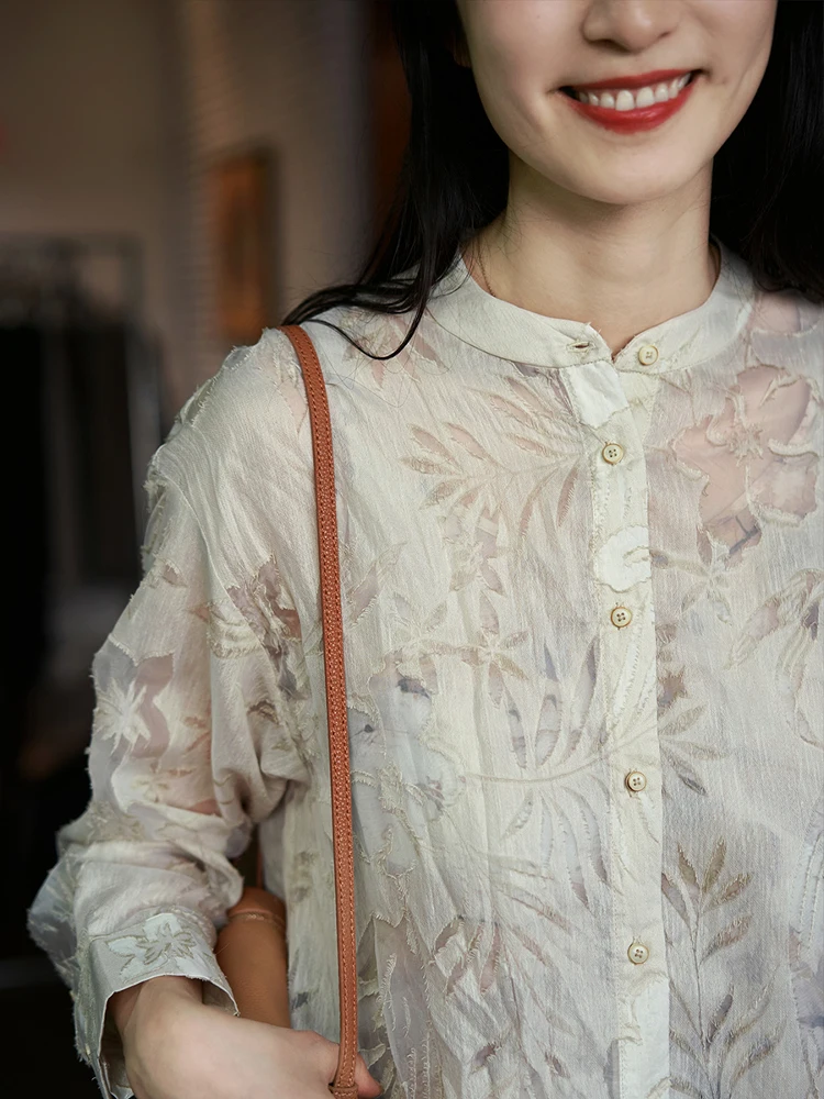 

Freeare Linen Rayon Long Sve irt Women's Loose Fit Spring Summer Lightweight Floral Embroidery Collar Button down