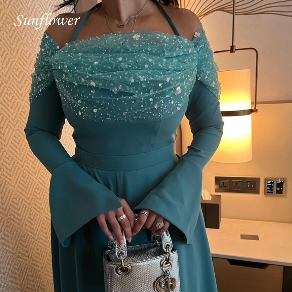 Sunflower Off the Shoulder Formal Evening Dress 2023 Slim Sequined Appliques Cap Sleeves Satin A-LINE High-end Custom Prom Gowns