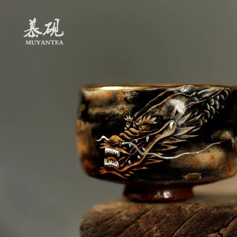 Mu Yan's Wood-Fired Hand-Painted Master He Ni Zhiyong Mo Long Cup, Vintage Kung Fu Set, Single Cup For Personal Tea Tasting