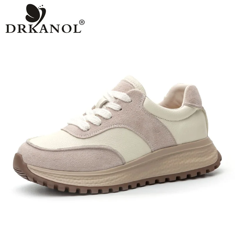 DRKANOL أزياء المرأة أحذية من الجلد الطبيعي الدانتيل متابعة خفيفة الوزن أحذية رياضية كاجوال السيدات مختلط الألوان ريترو ستايل أحذية امرأة