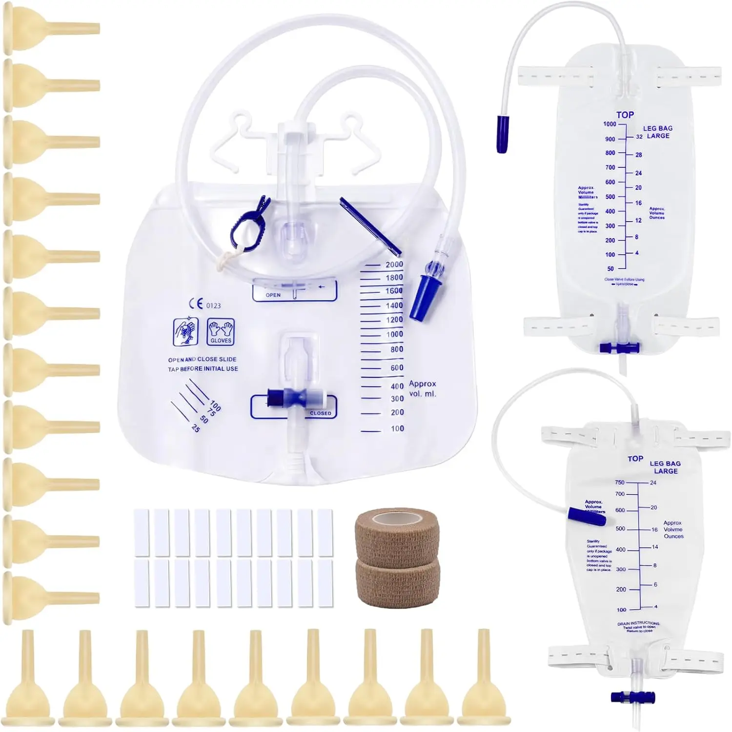 External male catheter kit, with 2 leg bags 750 ml and 1000 ml, overnight 2000 ml urine bag, 20 soft latex, 2 rolls of tape