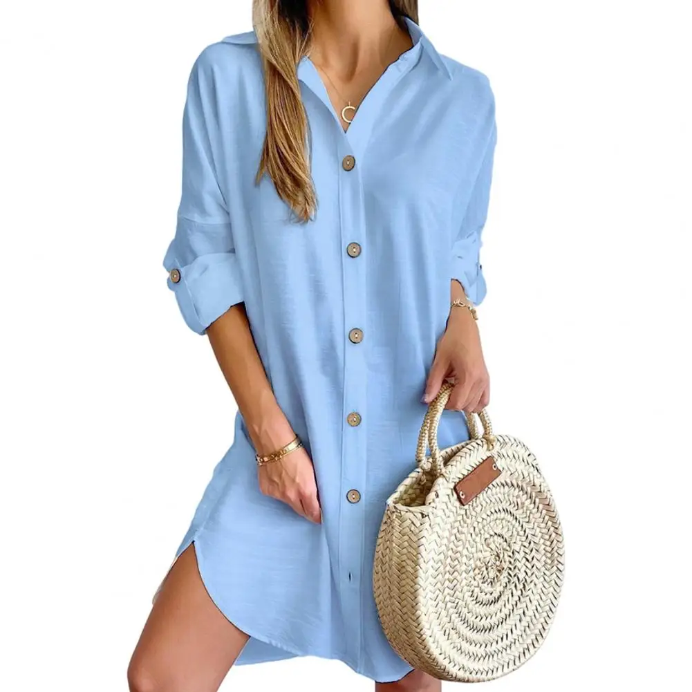 Casual Dress Elegant Single-breasted Women's Dress with Split Hem Cufflink Buttons Versatile Above Knee Length Shirt for Fall