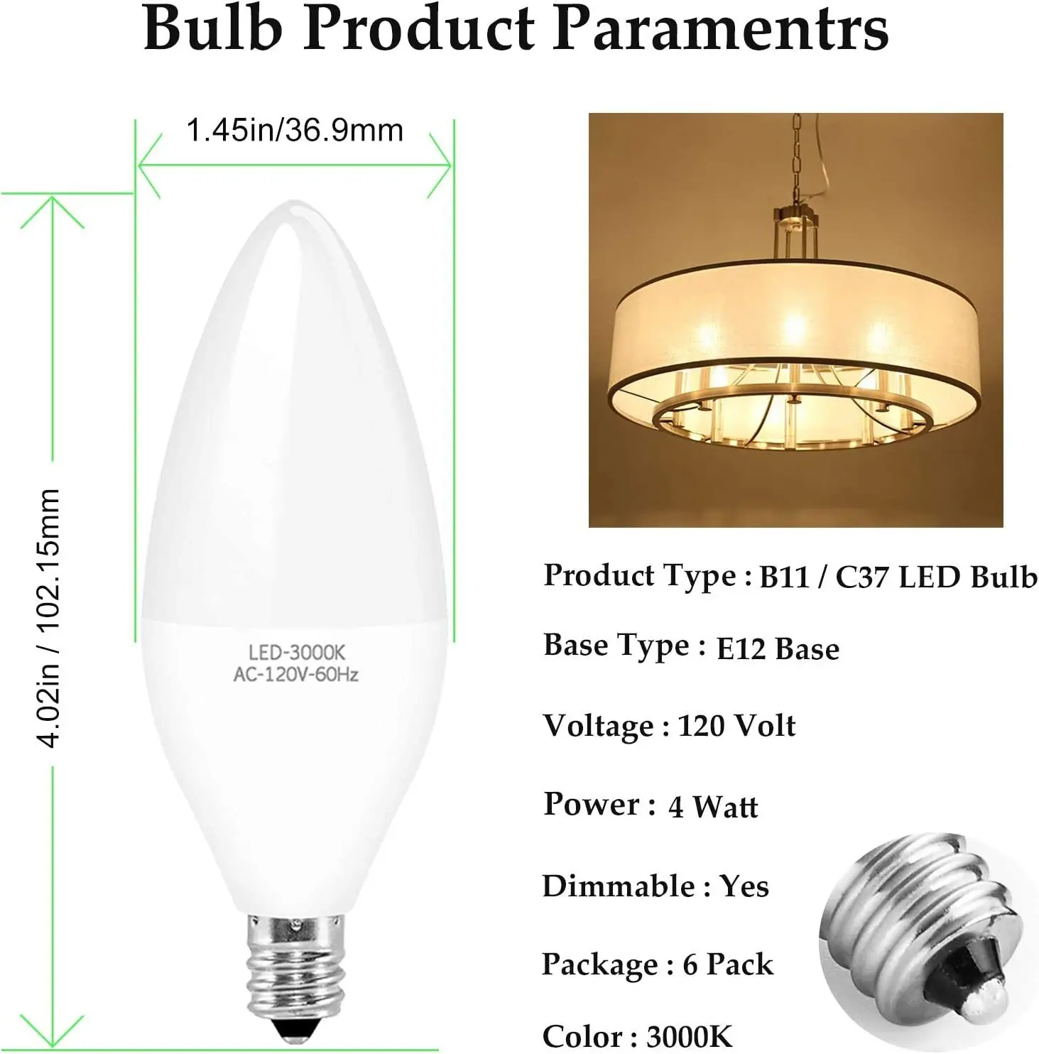 Imagem -02 - Led Vela Bulbo C37 E12 Candelabros Base Lâmpadas do Candelabro 4w Pode Ser Escurecido 40w Equivalente 3000k Branco Quente 120v 400 Lumens Peças