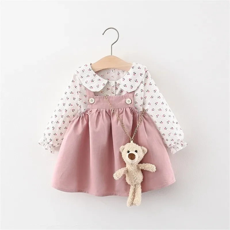 

2024 Autumn Baby Girls Clothes Outfits Toddler Princess Flower T-Shirt+ Strap Dress Suits for Girls Clothing 1 Year Birthday Set